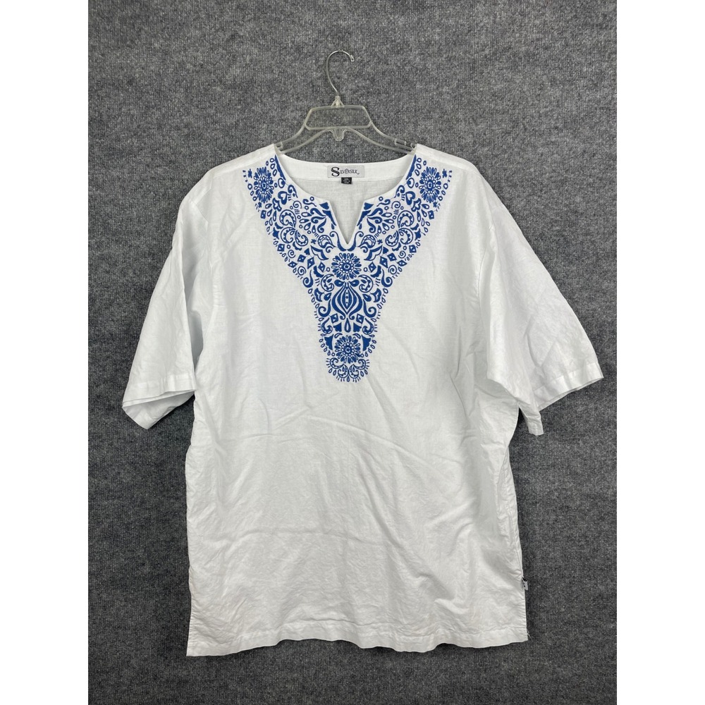 Silversilk‎ Tunic Linen Top Women's XXL White Embroidered V-Neck Short Sleeve